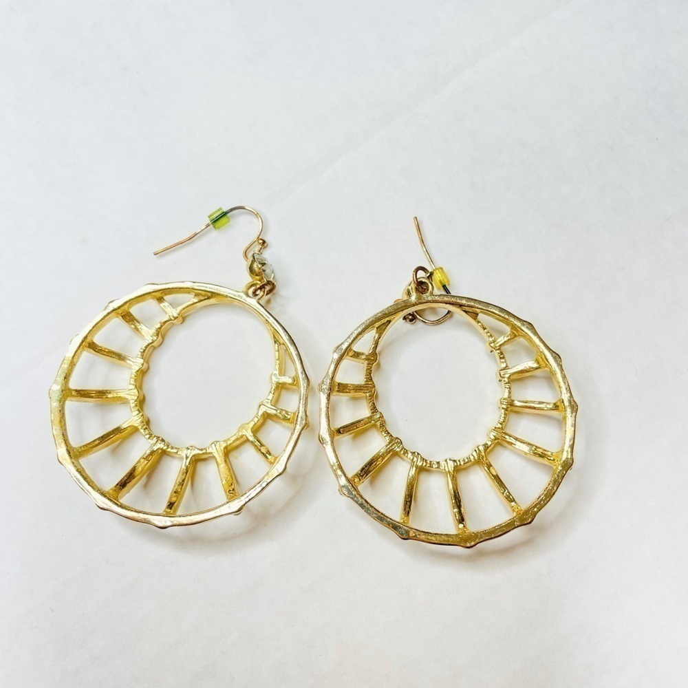 GOLD-TONE Metal Rhinestone Studded Round Hoop Dangle Drop Earrings - Picture 6 of 6